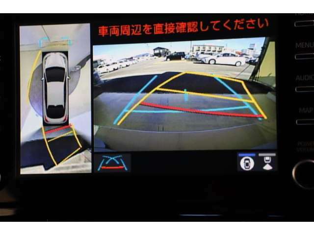 パノラミックビューモニターが付いているので、車の上から見た映像が確認できます。慣れないボディサイズでもより安心してお乗りいただけます。＊車両周辺の情報を確認できますが、直接周囲の安全をご確認ください。