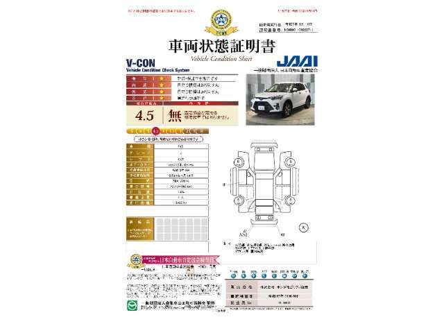【車両状態証明書】修復歴や板金塗装跡の有無はもちろん、車両図を見ながら傷や凹みも実車で確認でき安心してご購入いただけます。