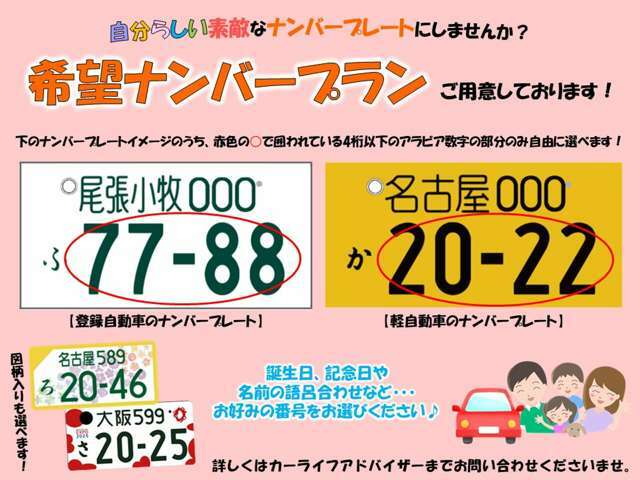 Bプラン画像：希望ナンバーをご存知ですか？　新しい愛車のナンバーを指定する事が出来ます！人気のある番号は週1回の抽選となります。