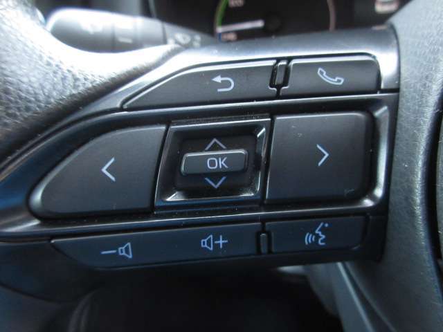 見た目も握り心地も豪華な革巻ステアリングも装備！ナビに連動したオーディオスイッチや高速走行時に役立つレーダークルコンも装備しています！