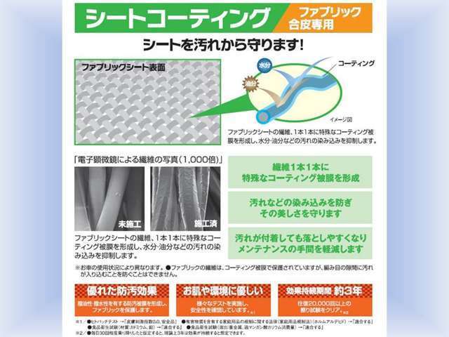 ファブリックシートの繊維に特殊なコーティング被膜を形成し汚れが付着しても落としやすくなります♪（注意）お車の使用状況により異なります。ファブリック繊維の編み目の隙間に汚れが入り込む事は防げません。