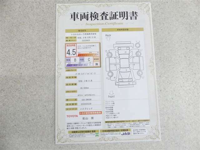 車両検査証明書付きです！だれでも中古車の状態がすぐにわかるよう、車のプロが客観的にチェック。車両の状態やわずかなキズも正確にお伝えします。