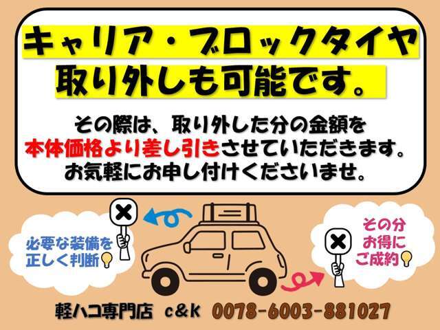キャリア・ブロックタイヤ取り外しも可能です！お気軽にお申し付けください！