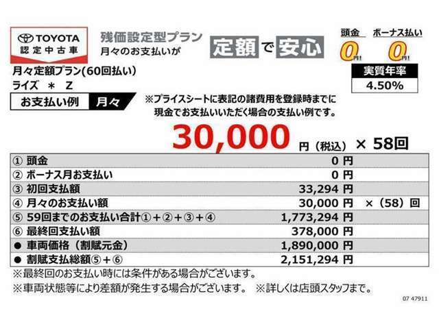 当社オススメのお支払いプラン（残価設定型プラン）詳しくは営業スタッフまでお尋ねください