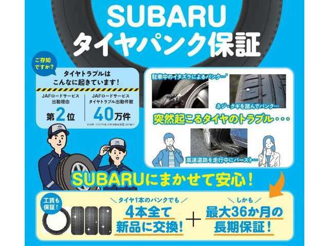 Bプラン画像：Aプランに1年間の「SUBARUタイヤパンク保証」（保証上限20万円）を加えたプランです。　保証期間は最長3年間まで選択でき、ほかにも保証上限を10万円に抑えたプランもございます。