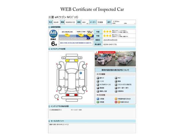 第三者評価機関「AIS社」の車両検査済み！総合評価6点（評価点はAISによるS～Rの評価で令和7年4月現在のものです）です♪