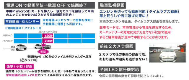 常時録画と衝撃録画でもしもの時にしっかり録画！後方カメラにより追突事故や『あおり運転』にも対応ができます。