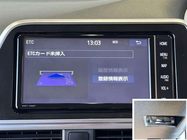 ナビ連動ETC付きです。高速道路料金所での小銭の出し入れや雨天時における窓の開け閉めなどの煩わしさが解消できます。料金所の通過もスムーズで快適ですよ。☆使用履歴表示や音声案内もしてくれます☆