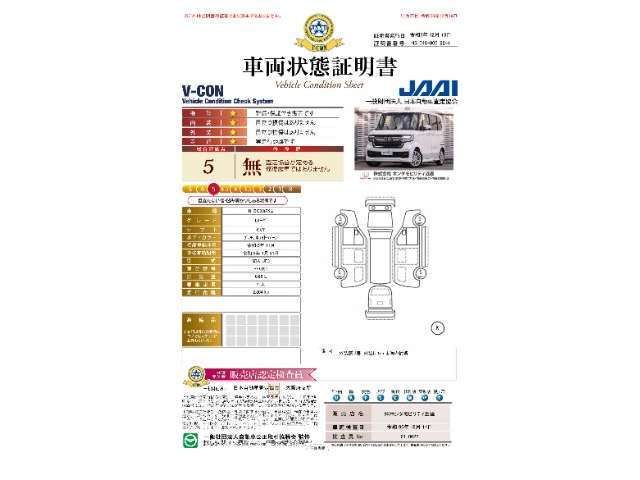 当店に並んでいる展示車には、日本査定協会発行の『車両状態証明書』をお付けしています。修復歴の有無はもちろん、車両状態図を見ながら実車でご確認いただけますのでより安心してご購入いただけます。