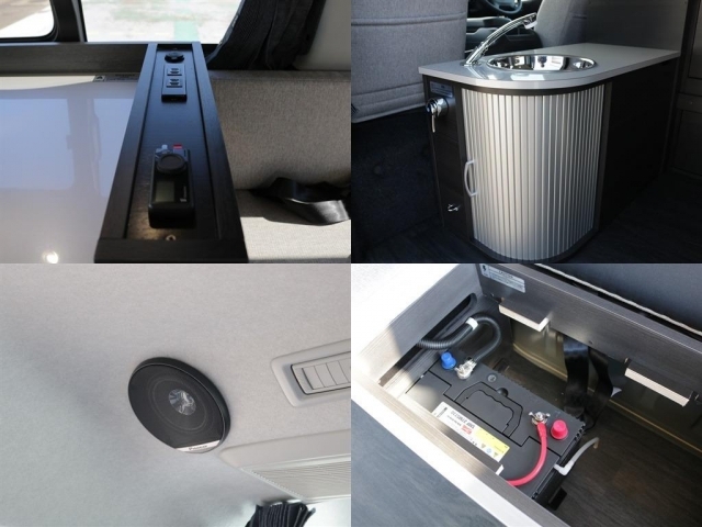 伸縮式シャワーヘッド付きシンク・ルーフスピーカー・コンセントなどが装備されておりますのでキャンプの際でも役立つ装備が充実しております♪