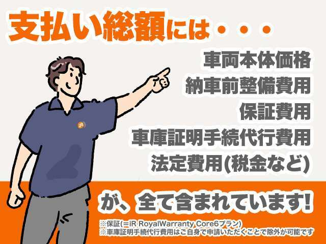 ■iRの支払総額には、車両本体価格、納車前整備費用、保証費用、車庫証明手続代行費用、自動車税、自賠責保険、登録に係る印紙代、リサイクル預託金相当額を含めた、購入時に必要な費用が全て含まれています。