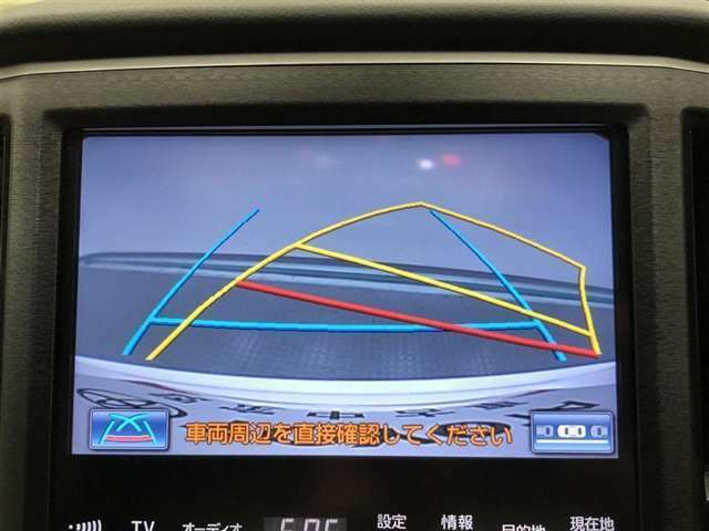 【バックガイドモニター】後方の映像をナビ画面に表示するだけでなく、ステアリング操作に連動して動くガイド線も同時に表示！予想進路の確認をしながら後退できるので便利です！