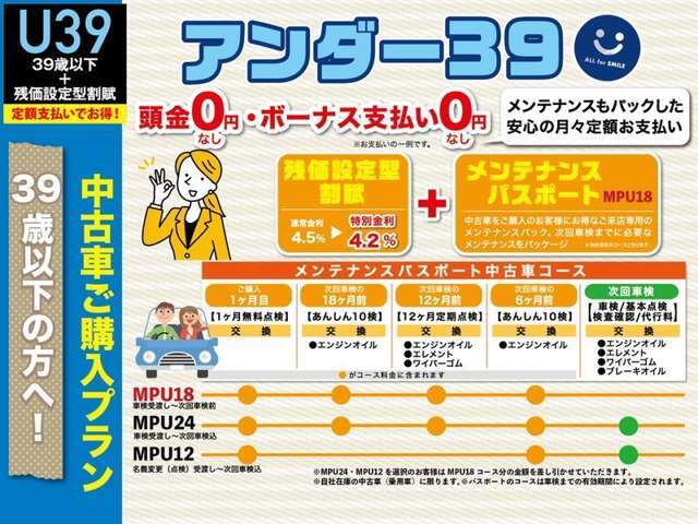 39歳以下の方へ カーライフを便利に♪ お得なネッツトヨタ福井の中古車ご購入プラン ★アンダー39★
