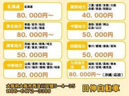 ご自宅までの納車陸送費（税別）の金額表です。　お客様のご自宅からお近くの最寄り駅で納車される場合は、￥5000円引きになります。　当社へ引き取りに来られる場合は納車費用は不要です。