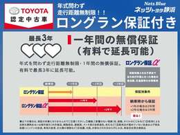 【ロングラン保証付き】トヨタのお店で中古車をお買い上げいただいたすべてのお客様に安心で快適なカーライフをお約束する1年間の保証です。