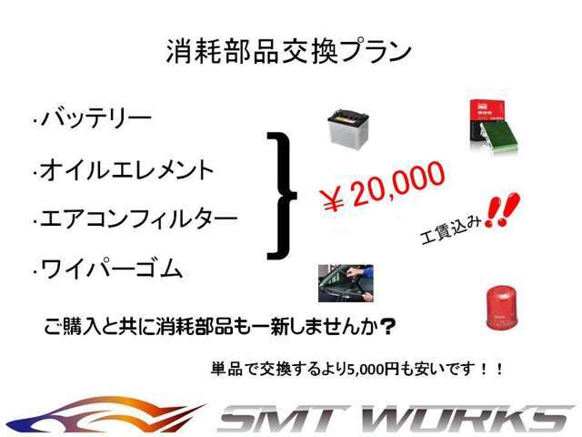 バッテリー・ワイパーゴム・オイルエレメント・エアコンフィルターの4つの新品交換のパックになっております！詳しくはスタッフまで！