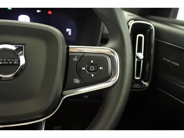 ステアリングの右側スイッチでは、オーディオのボリューム操作や車両の燃費情報を確認できます