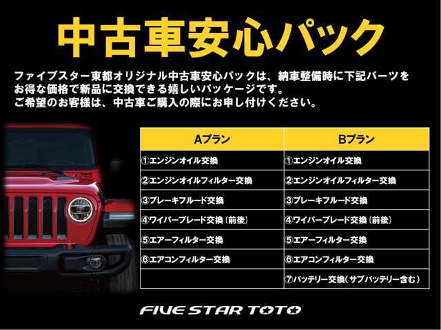 ファイブスター東都オリジナル中古車安心パックは、納車整備時に下記パーツをお得な価格で新品に交換できる嬉しいパッケージです。ご希望のお客様は、中古車ご購入の際にお申し付けください。