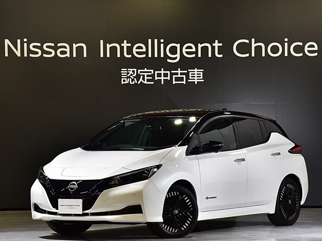 令和6年式　リーフ　X Vセレクション　です。ボディカラーはピュアホワイトパール/スーパーブラック2トーンです。