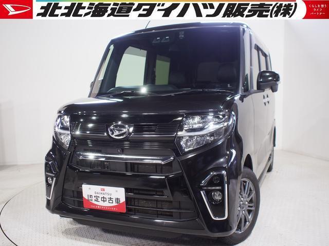 洗練されたスタイリッシュなエクステリアで人気のタントカスタム。人気色のブラックメタリックです。ダイハツ純正ナビを装備しています。
