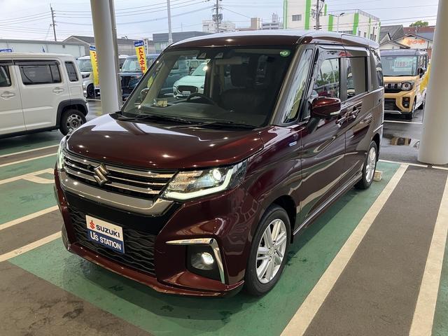令和4年式　ソリオ　ハイブリッドMZ　入荷しました。 色はメロウディープレッドパール　衝突被害軽減ブレーキ　全方位ナビ　HUD