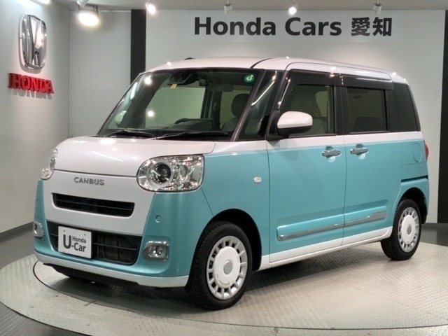 全国納車可 第三者機関証明書付 2ト-ン 最長5年保証 ワンオ-ナ- TV Rカメラ BTオ-ディオ ドラレコ 衝突軽減B シ-トヒ-タ-装備のダイハツのムーヴキャンバス ストライプスGターボ入庫！