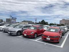 綺麗に整列された40台の展示車が皆様のご来店をお待ちしています