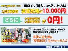 当店で購入して頂いたお客様にはご優待として、車検時には検査費用を1万円（税別）にさせて頂きます。
