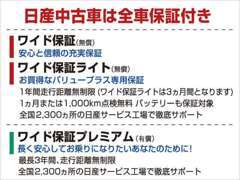 1年間走行距離無制限の日産「ワイド保証（無償）」付。走る・曲がる・止まるの基本部位をしっかり保証いたします。