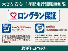 約60項目5000部品をカバーする1年間の走行距離無制限保証が全車無料！全国のトヨタのお店で保証修理が受けられます。