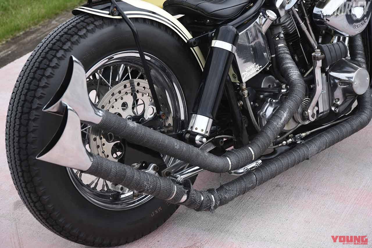ショベル4速フレーム用パウコアップスイープフィッシュマフラー パウコ 1 3/4径 サイドバイサイド アップスイープ フィッシュ
