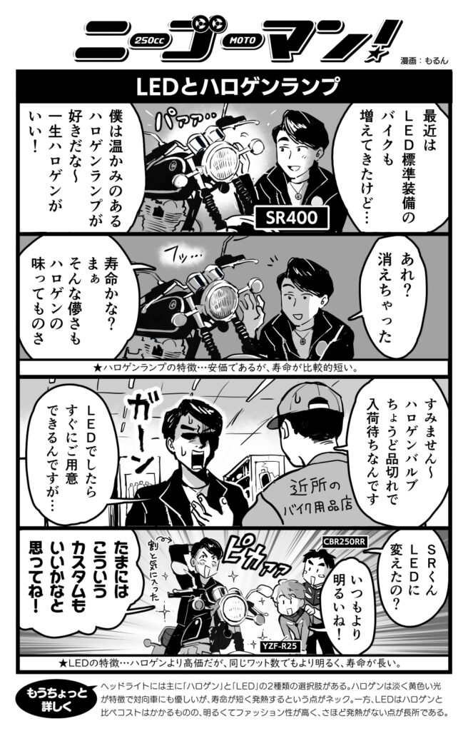 バイク擬人化漫画 ニーゴーマン 第48話 ヘッドライトにはハロゲン Led それぞれの特徴は モーサイ 自動車情報サイト 新車 中古車 Carview