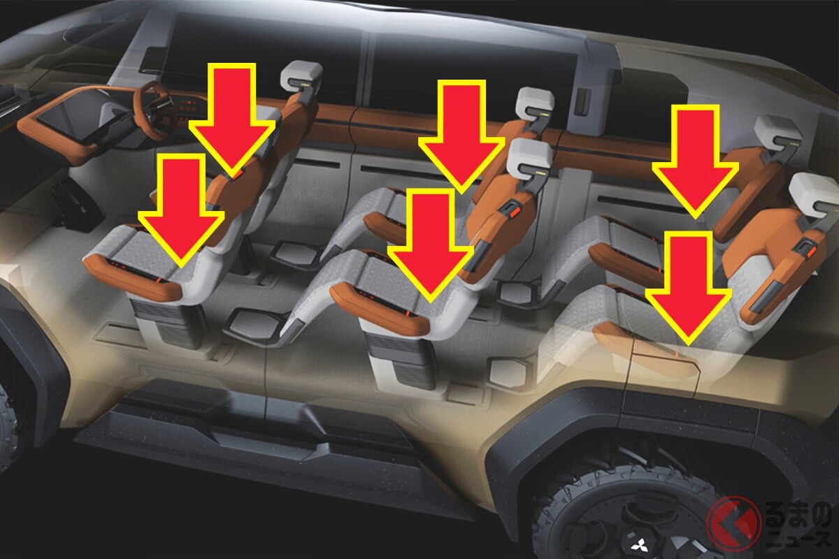 三菱の斬新「“3列6人乗り”SUVミニバン」がスゴイ！ “T字型ライト”＆「スケスケボンネット」の“4WD仕様”！ 悪路もヨユーの“タフボディ”に「広い車内空間」もイイ「D：Xコンセプト」とは？