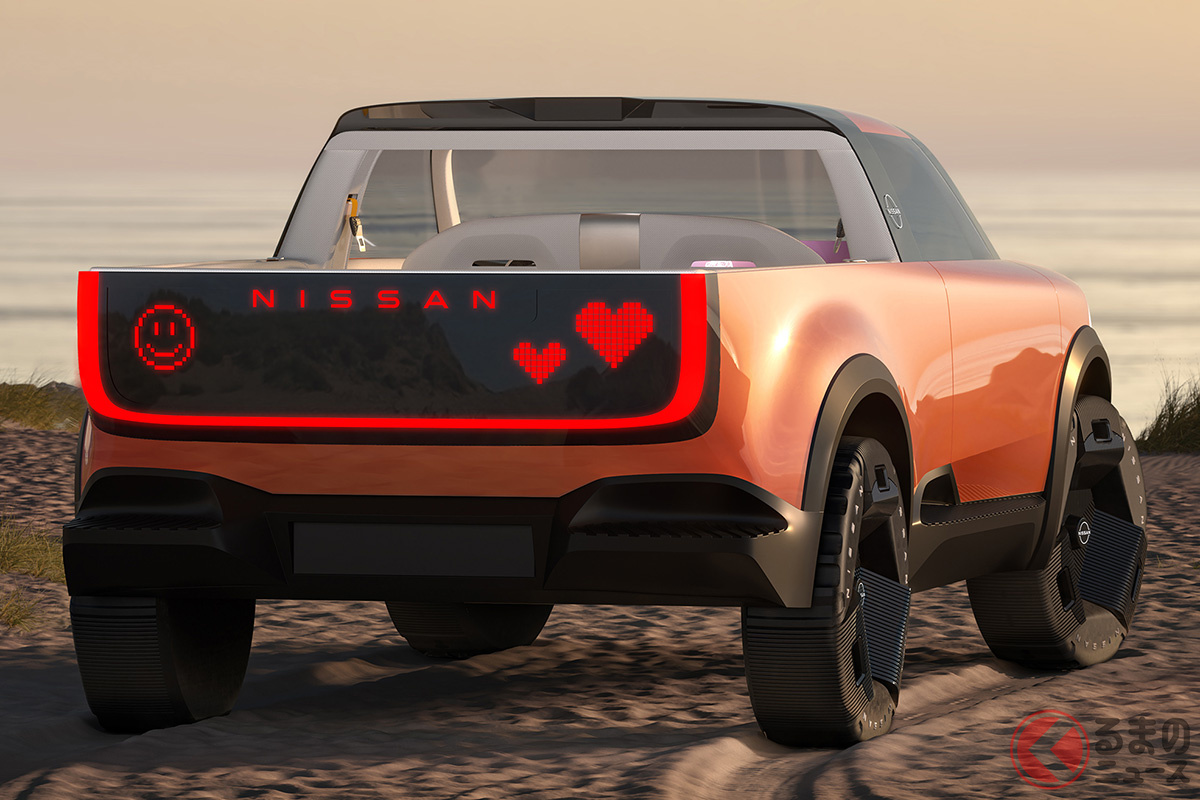 日産が新型4WD「サーフアウト」を世界初公開！ NISSAN顔強調した鮮烈外装 キャンプの楽しみ方も広がる機能とは？