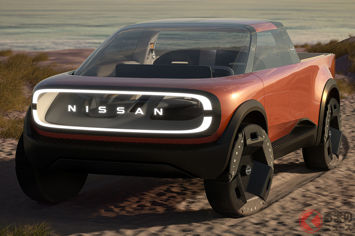 日産が新型4WD「サーフアウト」を世界初公開！ NISSAN顔強調した鮮烈外装 キャンプの楽しみ方も広がる機能とは？
