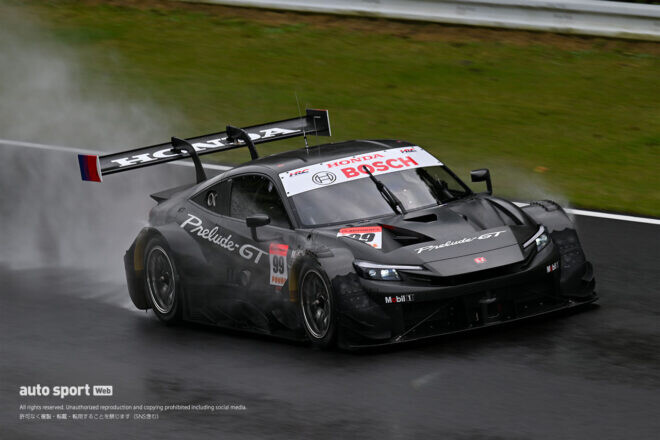 ホンダ／HRCの新型GT500マシンのプレリュードGTプロトタイプがSUGOでシェイクダウン。ウエットのなか順調に周回