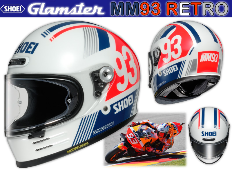 マルケスのレトロ風スペシャルヘルメットのデザインを採用！「Glamster MM93 RETRO」が8月にショウエイからリリース