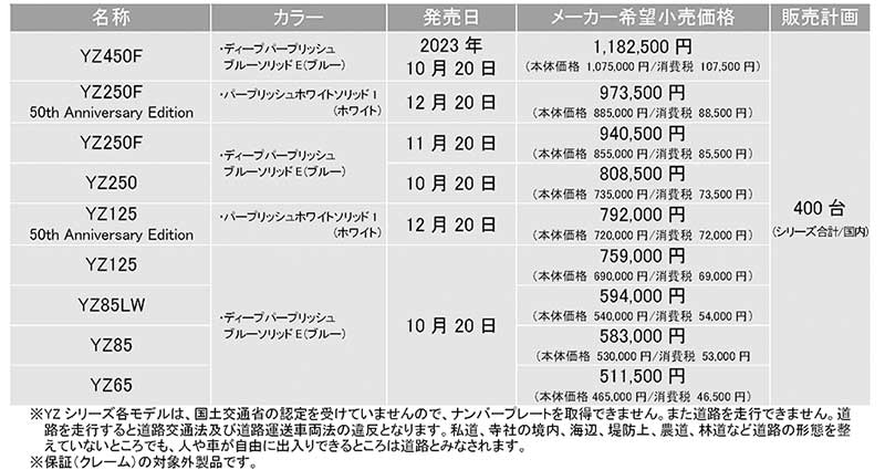 【ヤマハ】モトクロス競技用「YZシリーズ」の2024年モデル9機種を10/20より発売開始！ 期間限定「50th Anniversary Edition」も登場