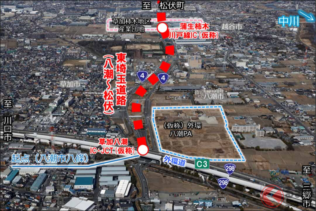 東北・常磐の中間で進む「東埼玉道路」計画とは？ 外環道から越谷レイクタウンを通りどこへ向かう？