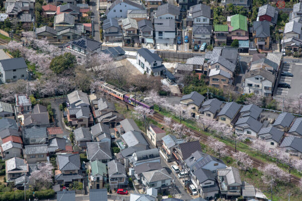「異形の新型路面電車」上からも目立つ!? 嵐電「京紫」編成は古都の街並みにどう映る？ 空から見てみた