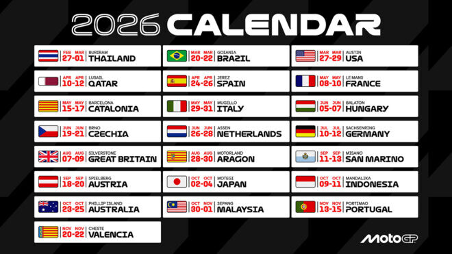 MotoGP：2026年シーズンの暫定カレンダー発表。最多タイの全22戦、日本GPは10月開催へ
