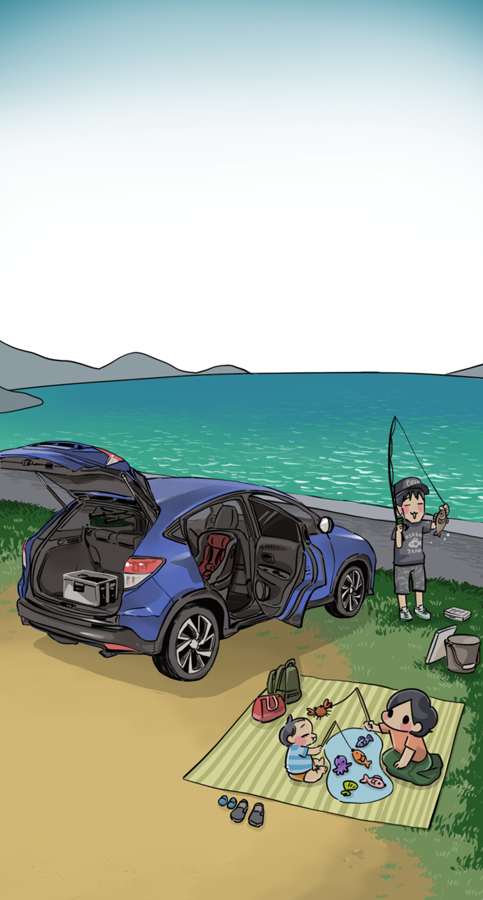 カーセンサー限定壁紙 広島在住のイラストレーターちひろさんが描く ホンダ ヴェゼルと家族でレジャーフィッシング カーセンサー の写真 自動車情報サイト 新車 中古車 Carview
