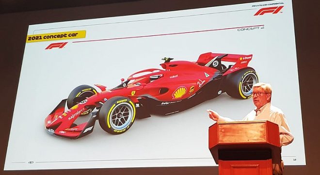 2021年F1コンセプトカーの画像が限定公開。ロス・ブラウンがファン向け講演会で披露